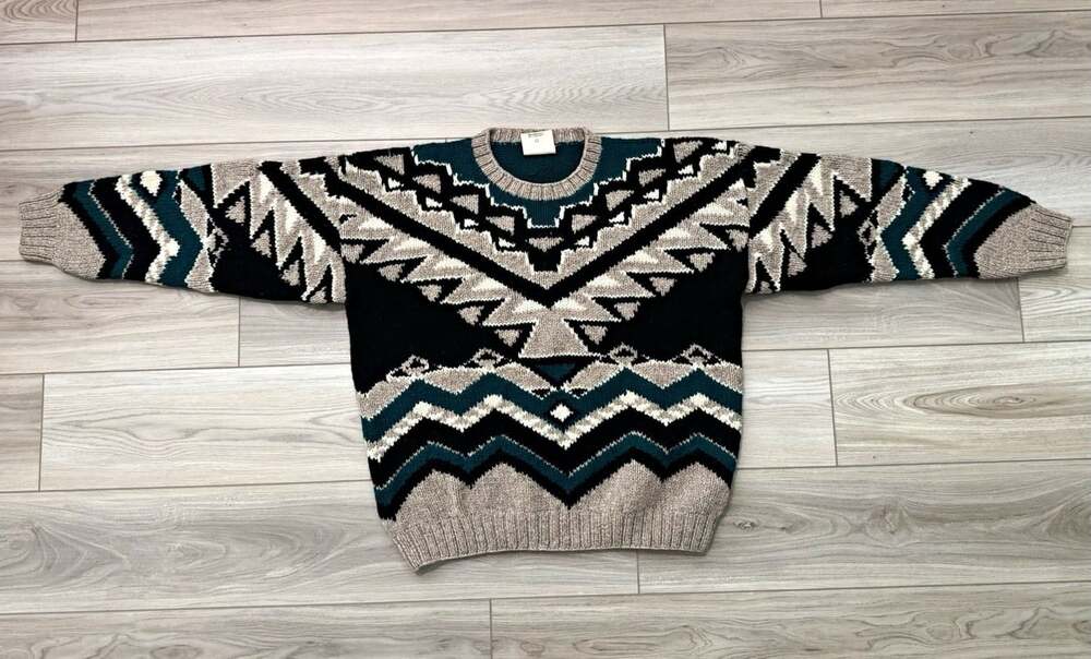 Vintage ACA Hand Knit 100% Wool Sweater Southwestern Chunky Black Teal Oatmeal L